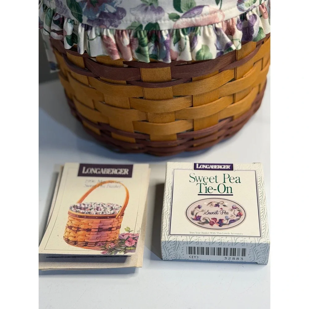 VTG Longaberger 96' May Series Sweet Pea Basket Brown Floral Liner Ceramic TieOn